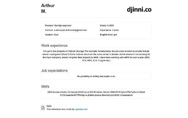 Curriculum vitae Djinni  from Chrome web store to be run with OffiDocs Chromium online