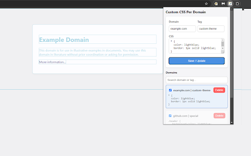 Custom CSS Per Domain  from Chrome web store to be run with OffiDocs Chromium online