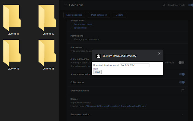 Custom Download Directory  from Chrome web store to be run with OffiDocs Chromium online