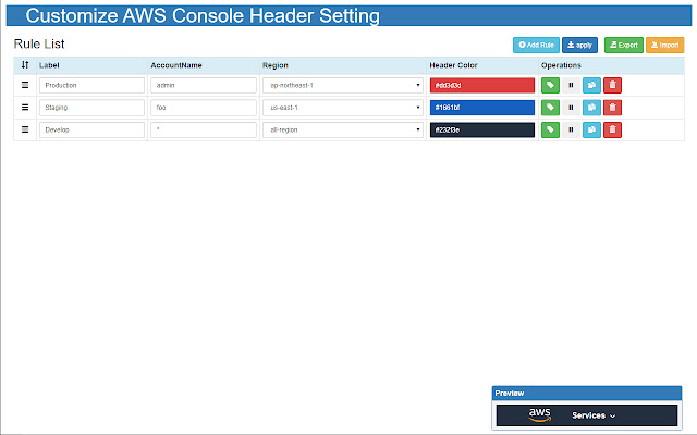Customize AWS Console Header  from Chrome web store to be run with OffiDocs Chromium online