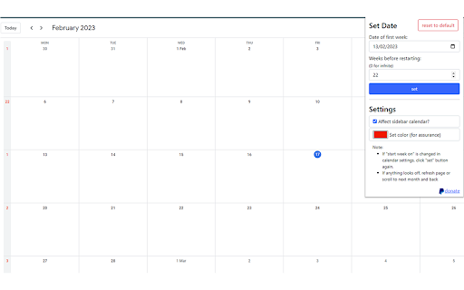 Custom Week Number Google Calendar from Chrome web store to be run with OffiDocs Chromium online Custom Week Number Google Calendar from Chrome web store to be run with OffiDocs Chromium online
