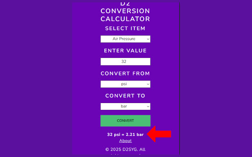 D2 Conversion Calculator  from Chrome web store to be run with OffiDocs Chromium online