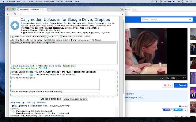 Dailymotion Uploader for Drive, Dropbox  from Chrome web store to be run with OffiDocs Chromium online