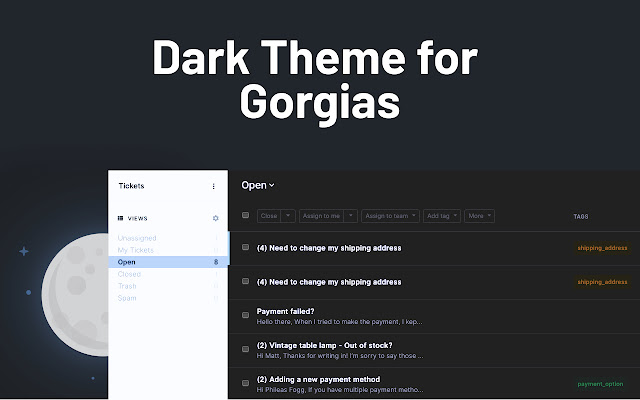 Dark mode for Gorgias  from Chrome web store to be run with OffiDocs Chromium online