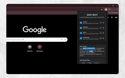 DashBoat Search any site instantly—type a keyword before your query.  from Chrome web store to be run with OffiDocs Chromium online