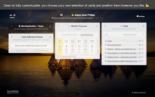 Dawn: New Tab Dashboard  from Chrome web store to be run with OffiDocs Chromium online