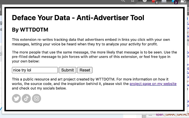 Deface Your Data Anti Advertiser Tool  from Chrome web store to be run with OffiDocs Chromium online