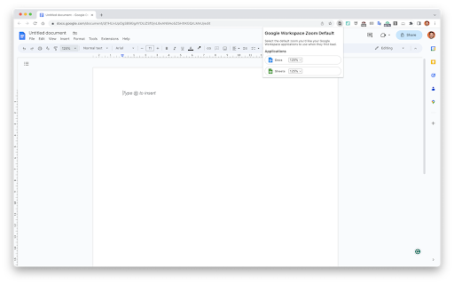 Default zoom for Google Workspace  from Chrome web store to be run with OffiDocs Chromium online