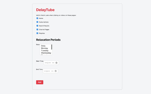 DelayTube from Chrome web store to be run with OffiDocs Chromium online DelayTube from Chrome web store to be run with OffiDocs Chromium online