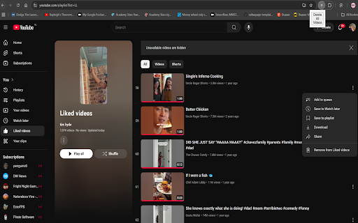 DELETE Liked Videos  from Chrome web store to be run with OffiDocs Chromium online