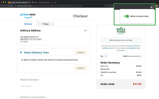 Delivery Time Catcher  from Chrome web store to be run with OffiDocs Chromium online