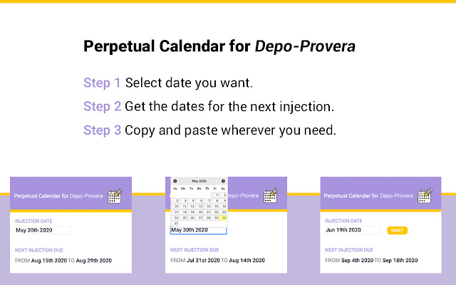 Depo Provera Perpetual Calendar Calculator  from Chrome web store to be run with OffiDocs Chromium online