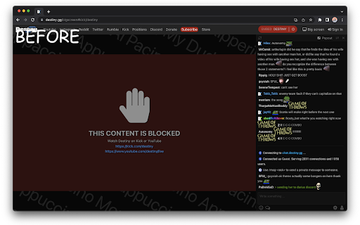 Destinygg Bigscreen Unblock  from Chrome web store to be run with OffiDocs Chromium online