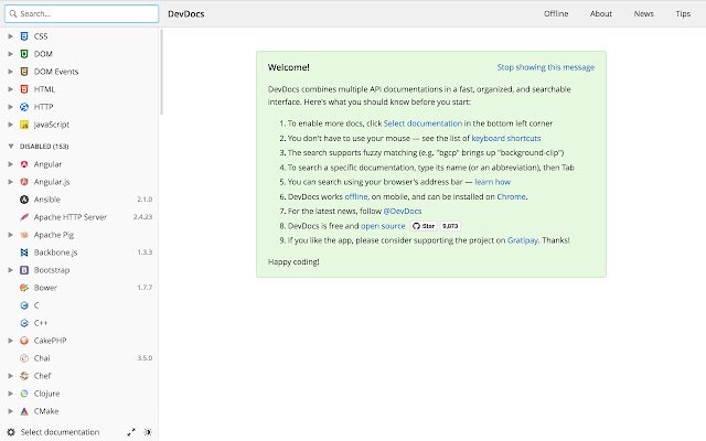 DevDocs.io  from Chrome web store to be run with OffiDocs Chromium online
