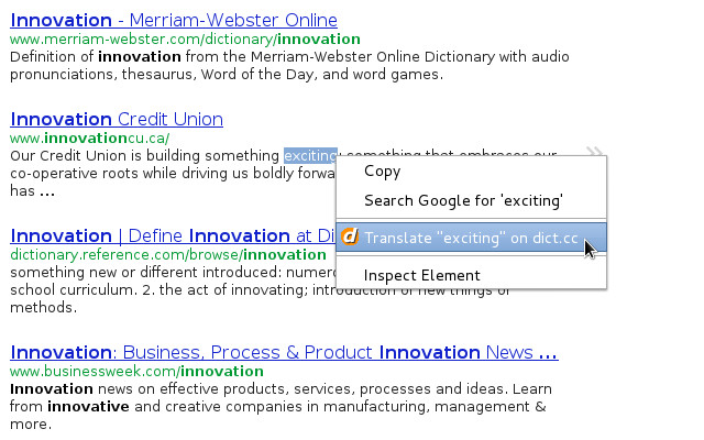 dict.cc context menu  from Chrome web store to be run with OffiDocs Chromium online