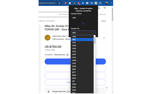 Digo Instant in place currency converter  from Chrome web store to be run with OffiDocs Chromium online