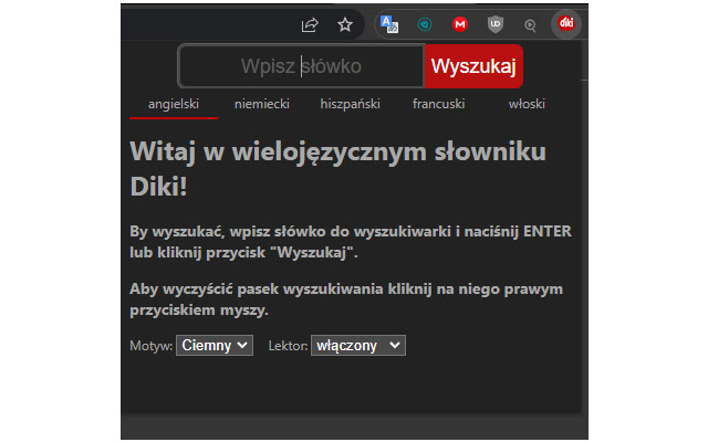Diki słownik  from Chrome web store to be run with OffiDocs Chromium online