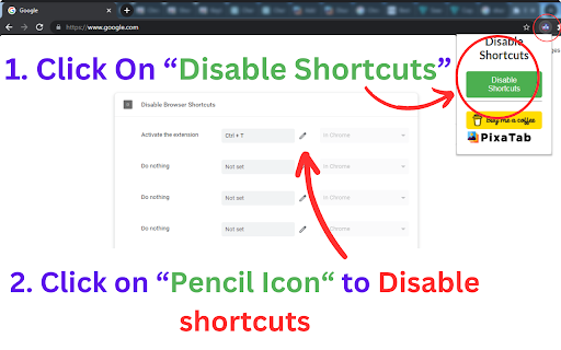 Disable Browser Shortcuts  from Chrome web store to be run with OffiDocs Chromium online