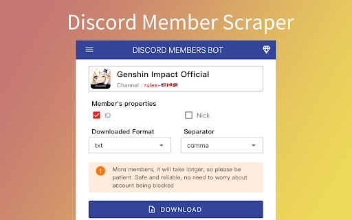 Discord member scraper from Chrome web store to be run with OffiDocs Chromium online Discord member scraper from Chrome web store to be run with OffiDocs Chromium online