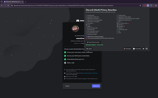 Discord OAuth Privacy Rewrites  from Chrome web store to be run with OffiDocs Chromium online