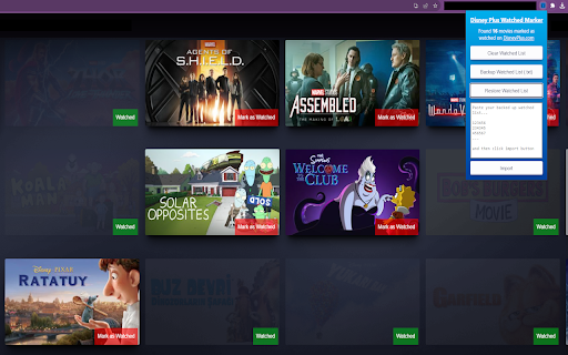 Disney Plus Watched Marker  from Chrome web store to be run with OffiDocs Chromium online
