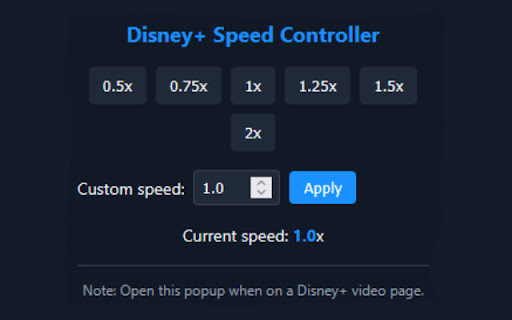 Disney+ Speed Controller from Chrome web store to be run with OffiDocs Chromium online Disney+ Speed Controller from Chrome web store to be run with OffiDocs Chromium online