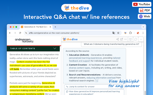 Dive: Interactive AI Summarizer for YouTube, PDF  Web — Privacy First  from Chrome web store to be run with OffiDocs Chromium online