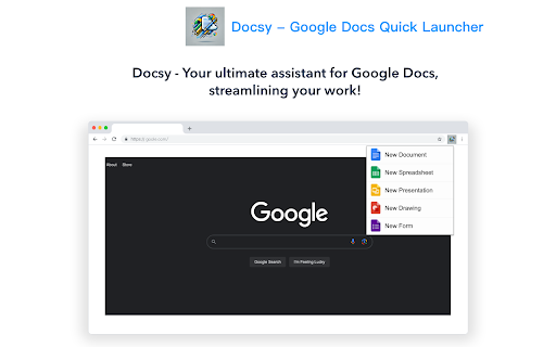 Docsy Google Docs Quick Launcher  from Chrome web store to be run with OffiDocs Chromium online