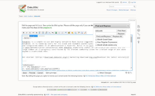 DokuWiki Toolbox  from Chrome web store to be run with OffiDocs Chromium online