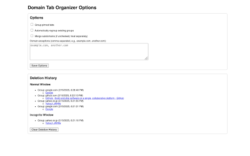 Domain Tab Organizer  from Chrome web store to be run with OffiDocs Chromium online