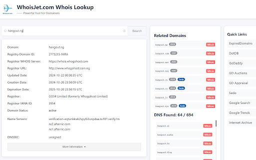 Domain Whois Lookup WhoisJet.com  from Chrome web store to be run with OffiDocs Chromium online