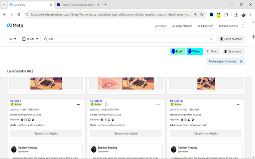 Download Facebook Ad Library data  from Chrome web store to be run with OffiDocs Chromium online