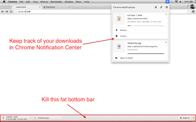 Downloads Notification  from Chrome web store to be run with OffiDocs Chromium online