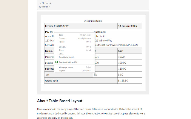 Download table as CSV  from Chrome web store to be run with OffiDocs Chromium online