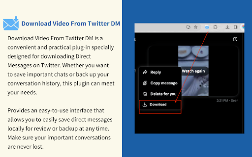 Download Video From Twitter DM  from Chrome web store to be run with OffiDocs Chromium online