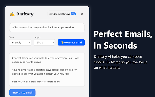 Draftory AI – Email Writing Assistant for Gmail, Outlook, and iCloud  from Chrome web store to be run with OffiDocs Chromium online