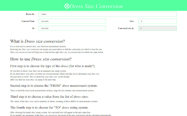 Dress Size Conversion  from Chrome web store to be run with OffiDocs Chromium online
