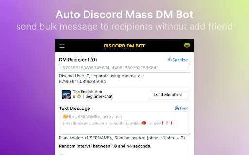dSender Mass DM bot for Discord™️  from Chrome web store to be run with OffiDocs Chromium online
