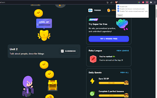 Duolingo Annoyance Blocker  from Chrome web store to be run with OffiDocs Chromium online