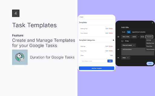 Duration for Google Tasks  from Chrome web store to be run with OffiDocs Chromium online