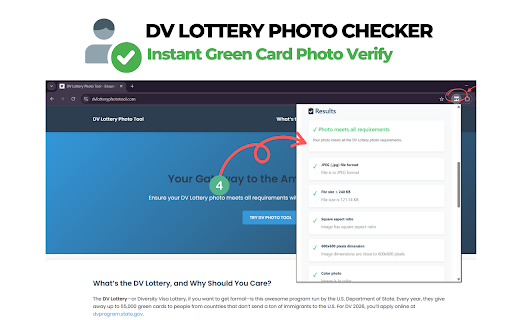 DV Lottery Photo Checker Instant Green Card Photo Verify  from Chrome web store to be run with OffiDocs Chromium online