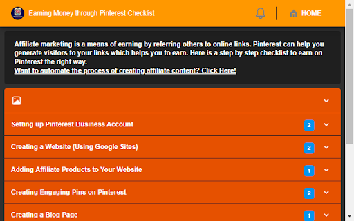 Earning Money through Pinterest Checklist  from Chrome web store to be run with OffiDocs Chromium online