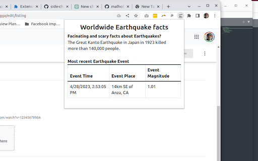 EarthquakeFacts  from Chrome web store to be run with OffiDocs Chromium online