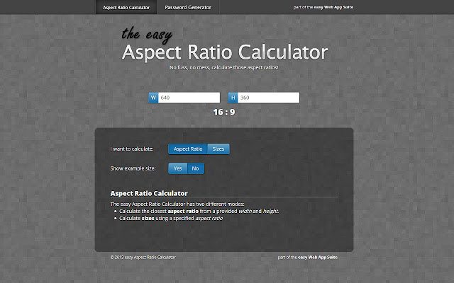 easy Aspect Ratio Calculator  from Chrome web store to be run with OffiDocs Chromium online