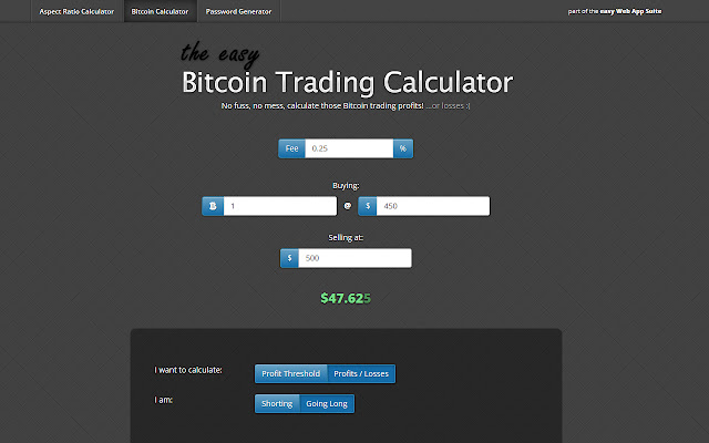easy Bitcoin Trading Calculator  from Chrome web store to be run with OffiDocs Chromium online