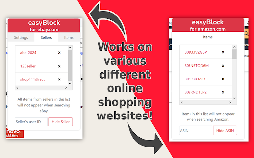easyBlock: Hide Items, Sellers, and More!  from Chrome web store to be run with OffiDocs Chromium online