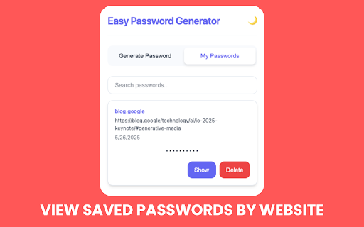 Easy Password Generator  from Chrome web store to be run with OffiDocs Chromium online