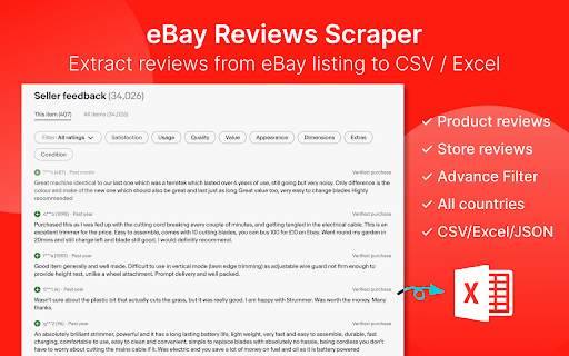 eBay Reviews Scraper Extract eBay Reviews to CSV/Excel/JSON  from Chrome web store to be run with OffiDocs Chromium online