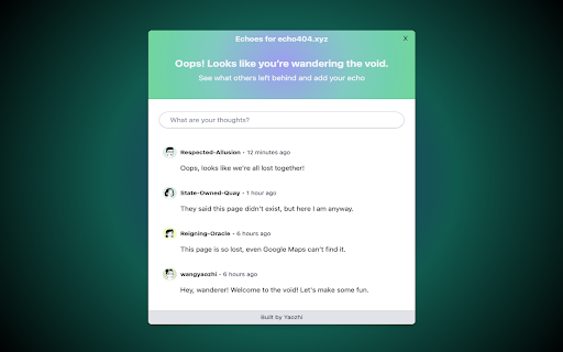 Echo404: Share Your Voice on 404 Pages  from Chrome web store to be run with OffiDocs Chromium online