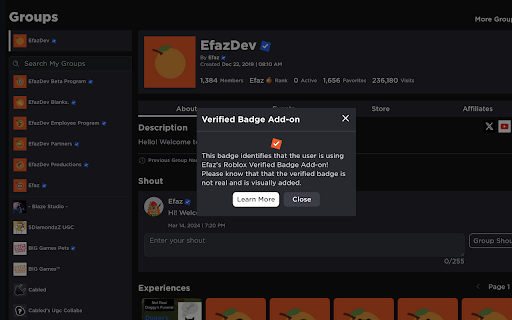 Efazs Roblox Verified Badge Add on  from Chrome web store to be run with OffiDocs Chromium online